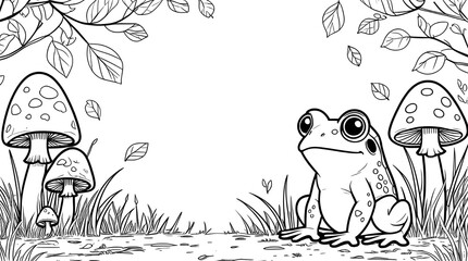 picture to be colored showing a frog sitting next to a mushroom plant
