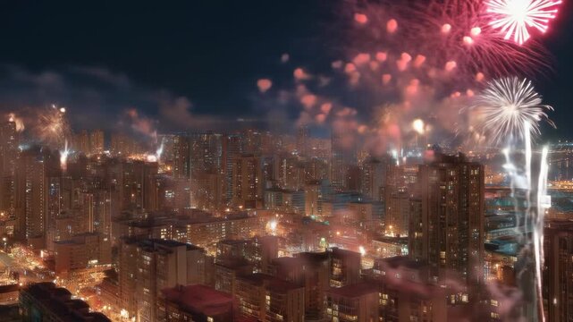 A nighttime cityscape shimmers with fireworks exploding over buildings shrouded in pinkish-red clouds. The sky is dark. Bright streaks
