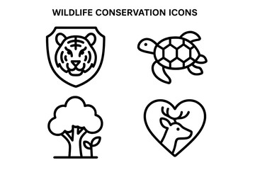 Wildlife conservation outline icon set. Endangered species protection symbols. Tiger shield emblem, sea turtle, forest tree, deer in heart. Animal welfare & ecology vector pack.