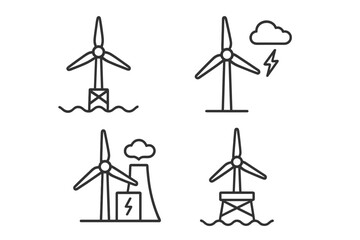 Wind energy icon set. Renewable power and electricity generation symbols. Collection of wind turbine, offshore platform, and sustainable green energy technology vector illustrations.