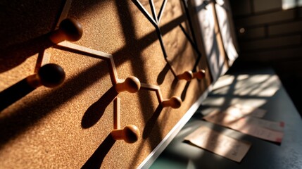 Visualizing Bayesian Inference: Flowchart on Corkboard in Morning Light with Selective Focus for Dramatic Analysis Composition