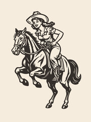 Cowgirl riding horse engraving style black on beige vector illustration