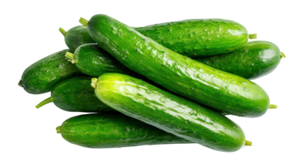 Freshly Picked Cucumbers: A flat lay of freshly picked cucumbers with vibrant green color, isolated on a Transparent background, PNG file.