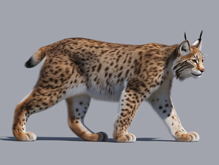 Fototapeta premium Realistic illustration of a lynx walking gracefully, showcasing its distinctive spotted fur and tufted ears, set against a neutral background emphasizing its natural beauty