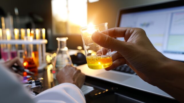 Focused Data Analyst Inputting Results into Statistical Software with Harsh Daylight Glow - POV Shot with Depth Composition