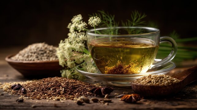 Assortment spices tea drink table herbs