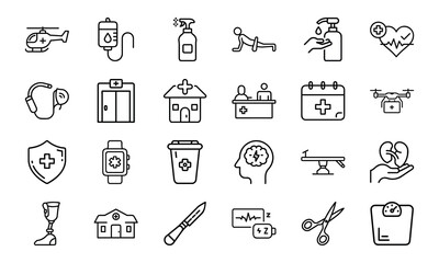 Fototapeta premium Medical Healthcare Line Icons Bundle Hospital Equipment, Doctor Tools, Patient Care, Emergency Services, Surgery, Pharmacy, First Aid, and Medicine Vector Pack