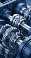 Fototapeta premium Close-up of metallic gears, showcasing intricate detail and precision engineering, symbolizing complex systems, industry, and technological advancement