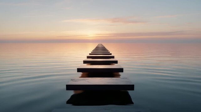 Stepping stone pathway over calm water leading to horizon at sunrise with soft pastel sky reflections creating peaceful scenic atmosphere