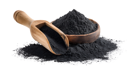 Wooden scoop with black cumin seeds in a bowl isolated on transparent background