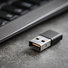 Macro shot of USB flash drive in laptop
