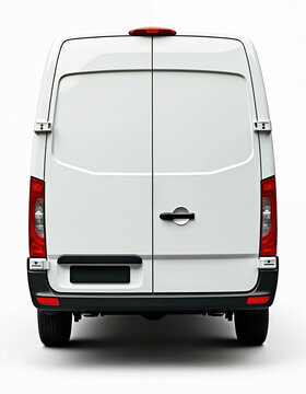 Rear view of white commercial van, perfect for business branding, delivery services. Isolated vehicle clean design with dual rear doors, rear lights, blank plate for custom logos text.