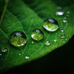 Macro shot of water droplets on green leaf 2