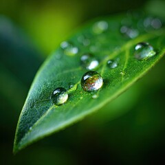 Macro shot of water droplets on green leaf