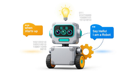 Cute robot with speech bubbles, lightbulb, and binary code, showcasing artificial intelligence and technology concepts