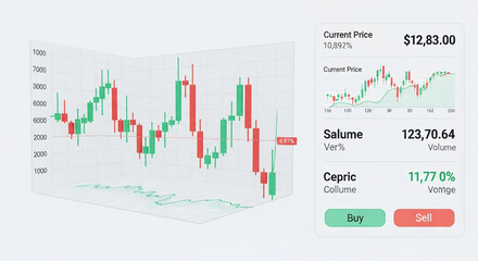 3D candlestick chart visualizes stock market data, showing price fluctuations over time, represented by red and green bars, indicating market trends and price movement