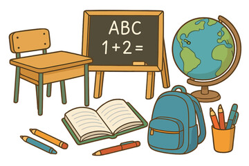 Classroom learning tools vector cartoon illustration, educational supplies, school desk, chalkboard, globe, backpack, open book, pens, pencils, colorful stationery, transparent background