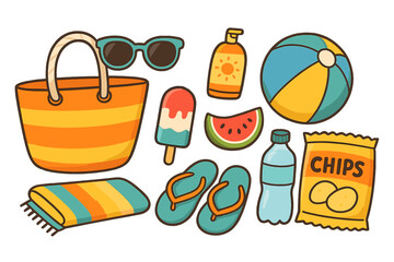 Summer beach vacation essentials vector illustration. Cartoon set of must-have items for fun seaside activities. Snacks, drinks, sunglasses, towel, gear, flip flops, ball, transparent background.