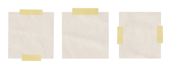 sticky notes, set of three blank vintage paper sheets taped with masking tape isolated on...