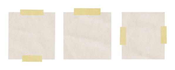 sticky notes, set of three blank vintage paper sheets taped with masking tape isolated on transparent background for scrapbook design notes memos or retro collage elements