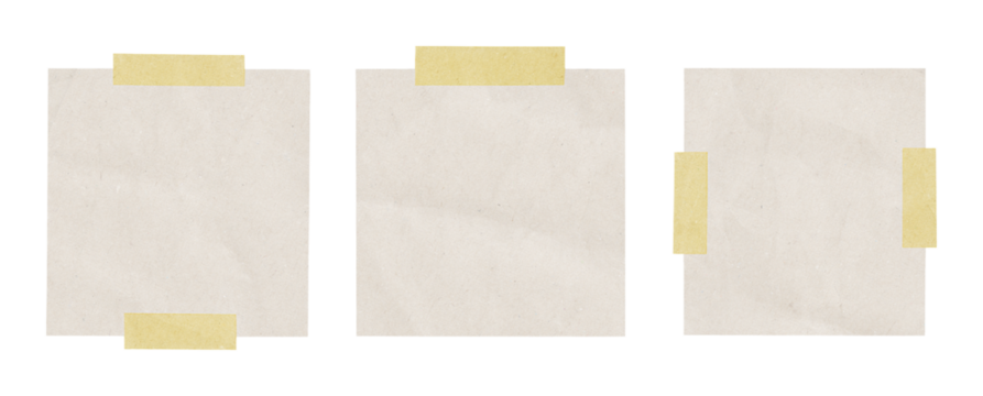 sticky notes, set of three blank vintage paper sheets taped with masking tape isolated on transparent background for scrapbook design notes memos or retro collage elements
