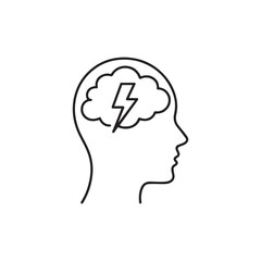 Mental Storm Line Icon – Head with Thundercloud Symbol for Stress, Anxiety, and Mental Health Awareness
