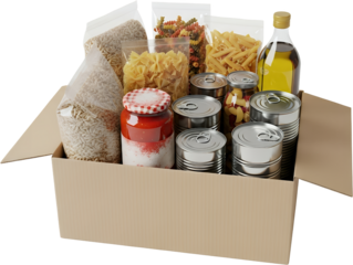 Cardboard box filled with assorted food items pasta canned goods jar of sauce oil and bags of grains isolate