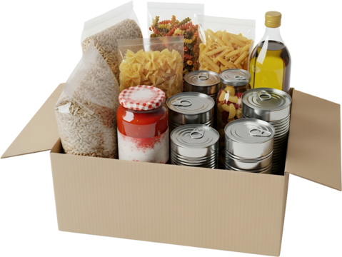 Cardboard box filled with assorted food items pasta canned goods jar of sauce oil and bags of grains isolate