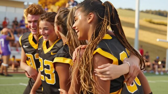 Close-up of happy student athletes celebrating victory after sports game, photorealistic emotional scene symbolizing youth, achievement, teamwork, and school spirit