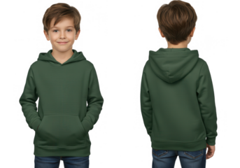 Boy wearing a green hoodie, front and back view, isolated on transparent background