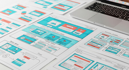 Hand-drawn website wireframes on paper, alongside laptop, showcasing web design process, representing planning and creativity in digital product development