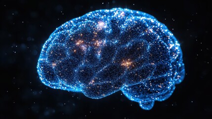 A mesmerizing blue wireframe, meticulously depicting the intricate structure and interconnected pathways of a human brain against a stark black backdrop, illuminating scientific marvels of the 