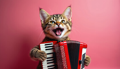 Joyful cat plays red accordion with enthusiasm against bright pink backdrop. Feline musician musical talent with open mouth, lively expression. Whimsical pet performance creates fun, vibrant