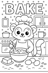 Cute lemur chef baking in the kitchen illustration for coloring book page
