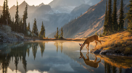 Majestic deer drinks from a serene lake with a castle in the background.