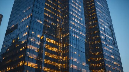 Modern glass skyscraper exterior with illuminated office windows reflecting city lights during evening creating urban architectural scene - Powered by Adobe