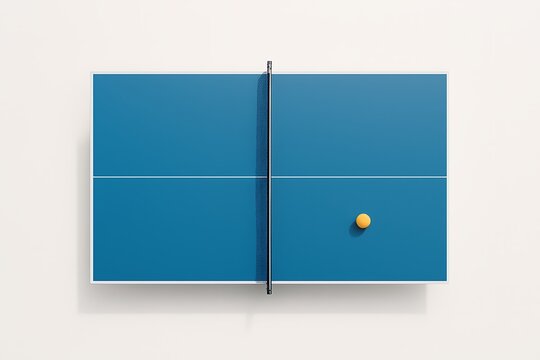 A top-down perspective of a blue ping pong table with a net and a yellow ball on the surface.