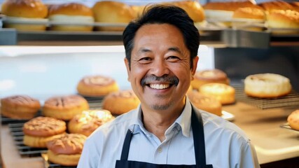Smiling Asian male owner of a small bakery against the backdrop of fresh baked goods. Cheerful bakery owner beams with pride beside his assortment of breads. - Powered by Adobe