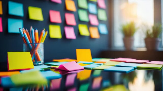 Colorful sticky notes covering office wall with scattered papers and pencils on desk in bright workspace with sunlight through window
