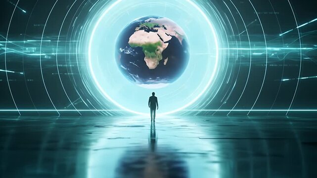 A person stands before a glowing portal revealing planet Earth, symbolizing global interconnection or virtual travel.