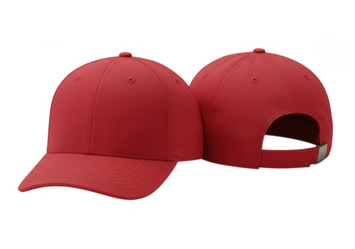 Two red baseball caps front and back views isolated on transparent background