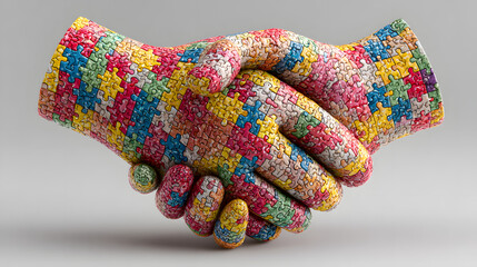 front view colorful handshake with puzzle details. On a white isolated background, With copy space for text. For World Autism Awareness Day, Autistic Pride Day