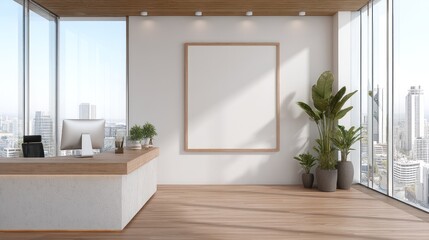 Modern office reception area with city view
