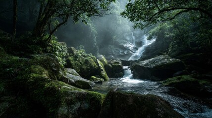 Fototapeta premium Serene forest stream with sunlit canopy. AI image