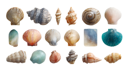 Collection of diverse seashells and marine life isolated on transparent background