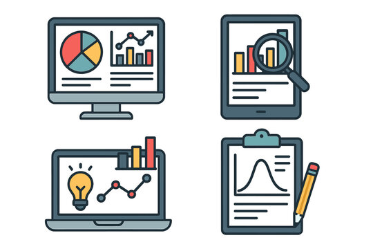 Colorful vector cartoon illustration of visual data analysis tools for business intelligence and statistical insights, including charts, graphs, and dashboards on transparent background, set 4