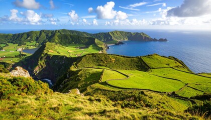 Scenic view of green fields and coastal cliffs meeting the blue ocean under a partly cloudy sky.