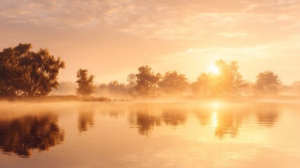 Fototapeta premium Serene sunrise on calm river. AI image