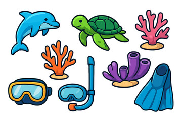 Marine life icon set with dolphin, sea turtle, and coral reef elements. Vector cartoon illustration of snorkeling gear like mask, snorkel, and fins for summer travel design.