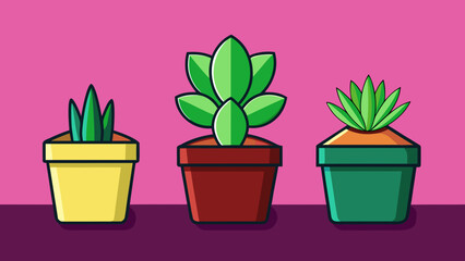 Obraz premium Three Potted Plants Illustration. three different cartoon-style plants in different colored pots against a dark pink purple background vector illustration.